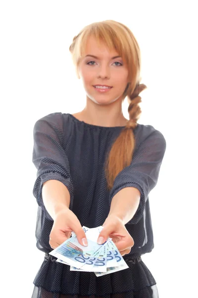 Young woman holding in hand euro cash money — Stock Photo, Image