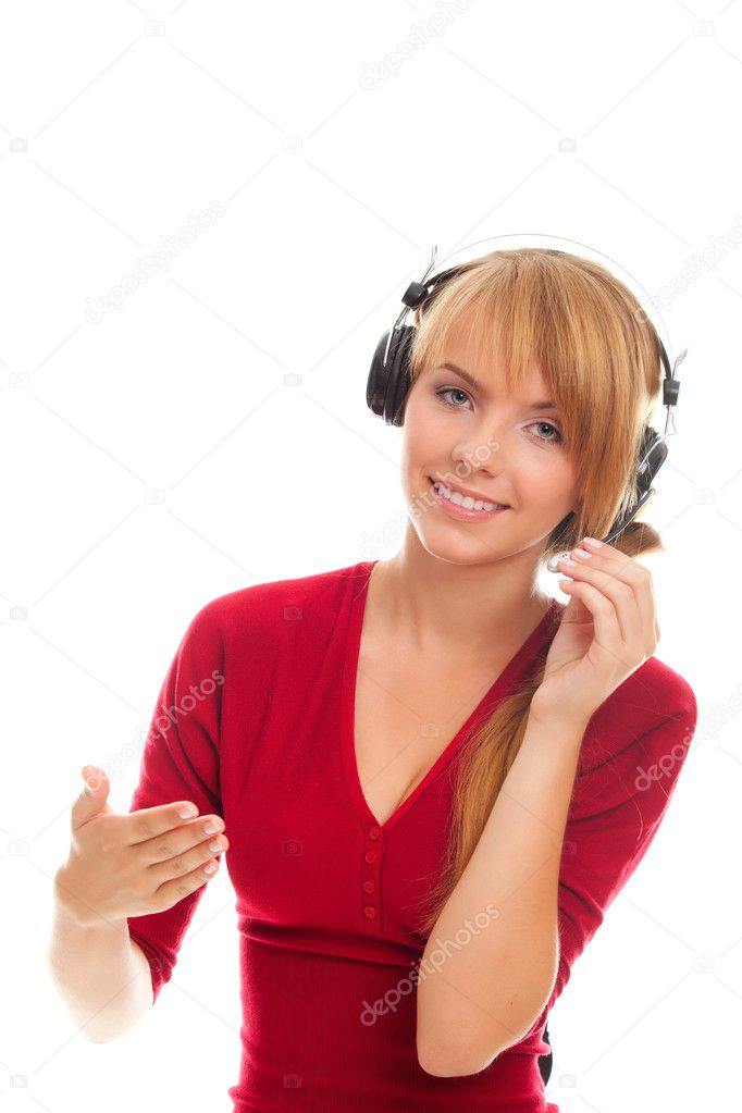 Friendly young woman hot line operator in headphones