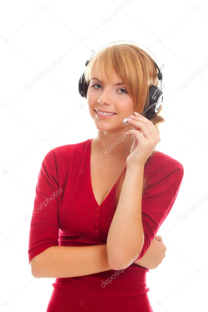 Friendly young woman on-line operator in headphones