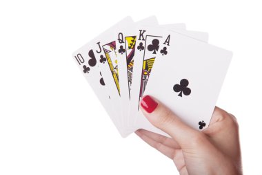 Royal Flush of clubs in hand clipart