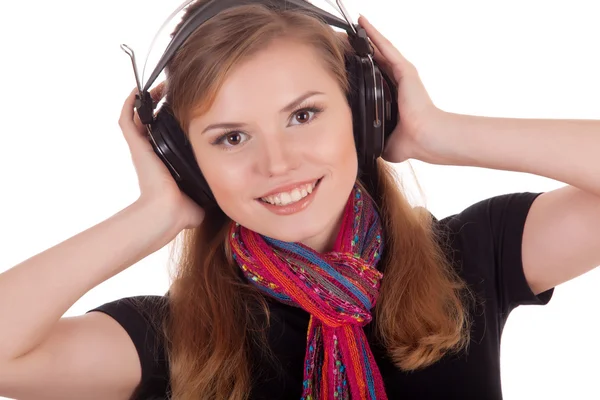 Gadis tersenyum mendengarkan musik — Stok Foto