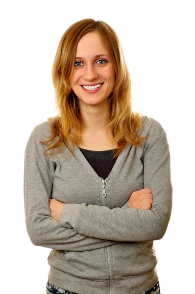 stock image Confident woman with arms crossed against a white background