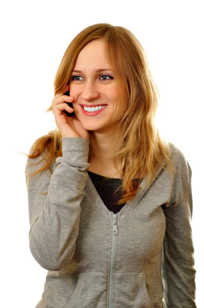 전화 대화를 나누는 행복 한 여자 — 스톡 사진
