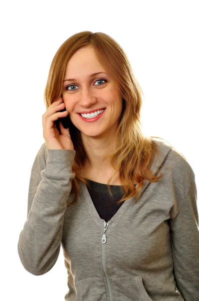 Mulher falando telefone celular no fundo branco — Fotografia de Stock