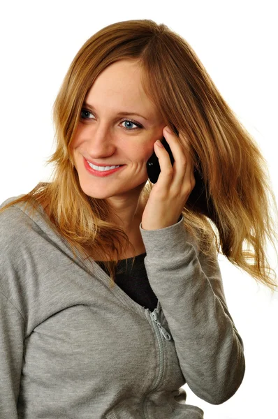 Primer plano de la mujer alegre teniendo una conversación amistosa en el celular —  Fotos de Stock
