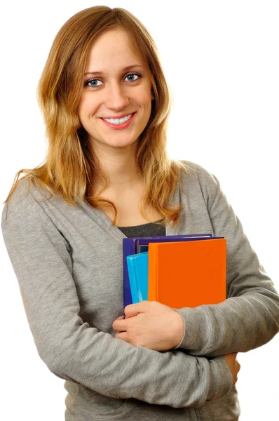 Vriendelijke vrouwelijke student met boeken — Stockfoto