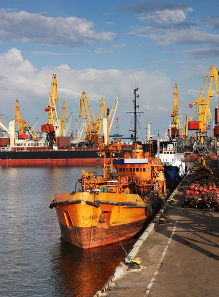 Jeřáby v přístavu, vykládky lodí — Stock fotografie