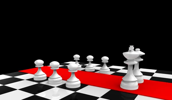 Witte koning en koningin met pionnen op het schaakbord — Stockfoto
