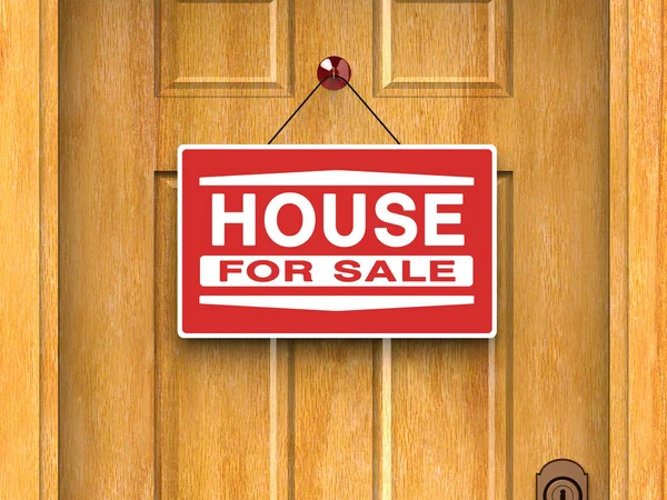 Casa para venda sinal na porta, imobiliário, propaganda — Fotografia de Stock