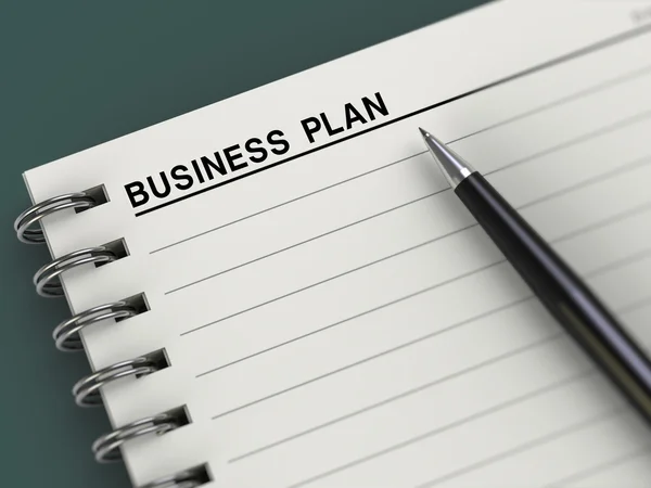 Título del plan de negocios, cuaderno, planificador, pluma — Foto de Stock