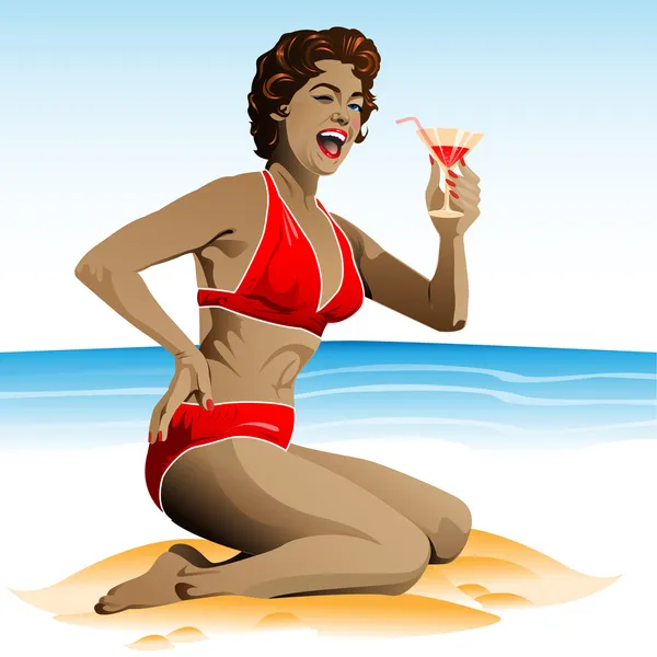 Pin-up d'été avec cocktail — Image vectorielle