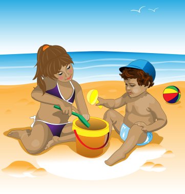 Children's illustration on the beach with toys clipart
