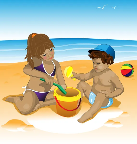 Ilustração infantil na praia com brinquedos — Vetor de Stock