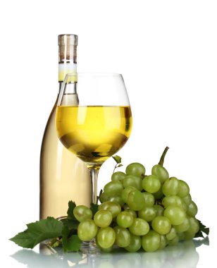 Ripe grapes, wine glass and bottle of wine clipart