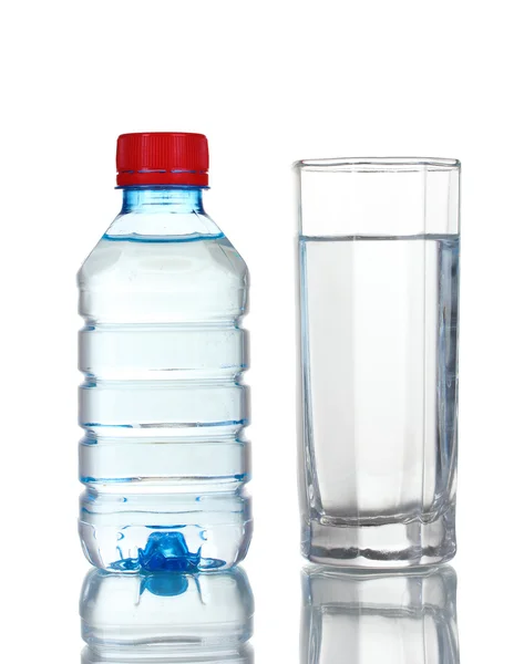 One plastic bottle and glass of water isolated on white — Stock Photo, Image