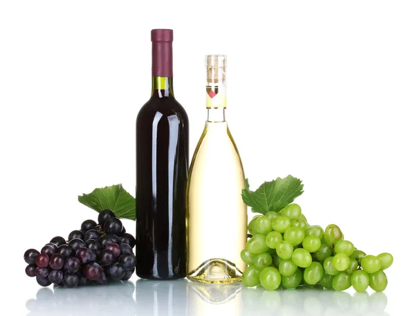 stock image Ripe grapes and bottles of wine