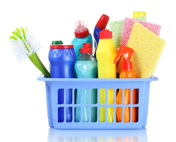 Full box of cleaning supplies isolated on white — Stock Photo, Image