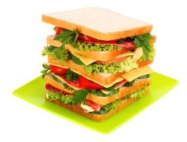 Huge sandwich and glass of tomato juice on white background clipart