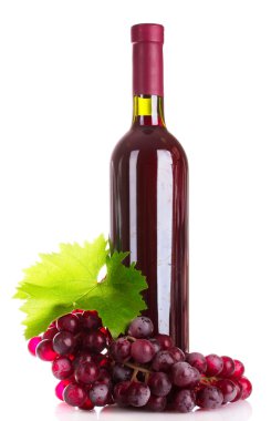 bir şişe kırmızı şarap ve üzüm üzerine beyaz izole
