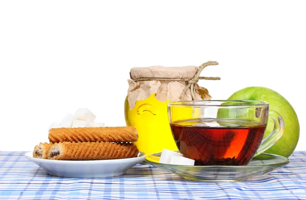 Delicious breakfast of boiled eggs, tea, apple and honney — Stock Photo, Image