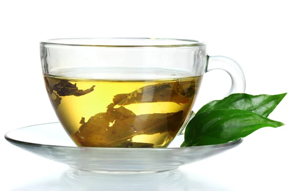 Green tea in transparent cup and mint — Stock Photo, Image