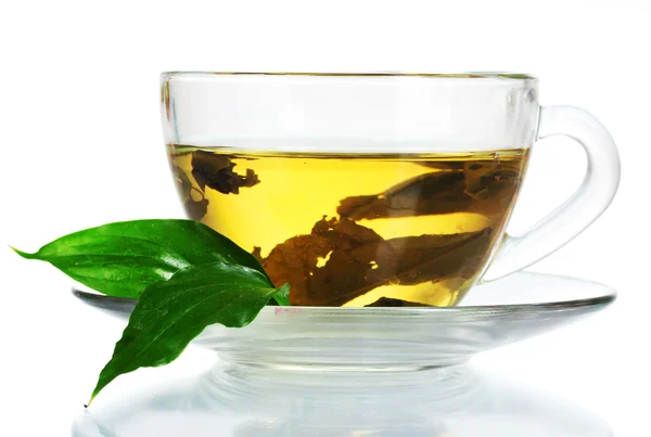 Зеленый чай в прозрачной чашке и мяте — стоковое фото