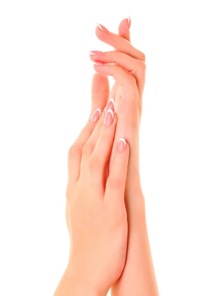 아름 다운 여 자가 손을 프랑스 매니큐어 흰색 바탕에 — 스톡 사진