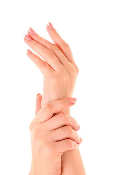 Belas mãos de mulher com manicure francês no fundo branco — Fotografia de Stock