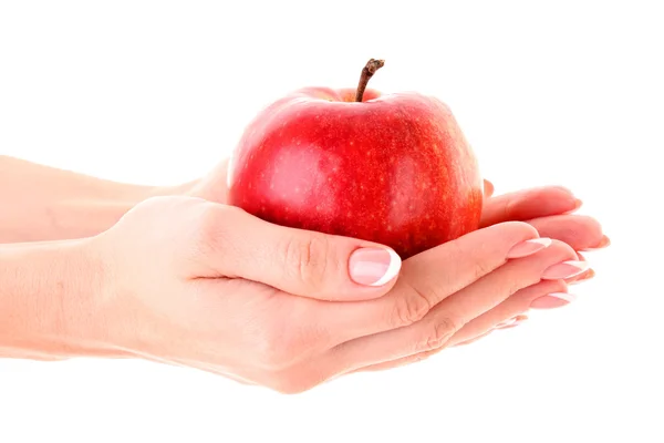 白い背景の上の手上のリンゴ — ストック写真