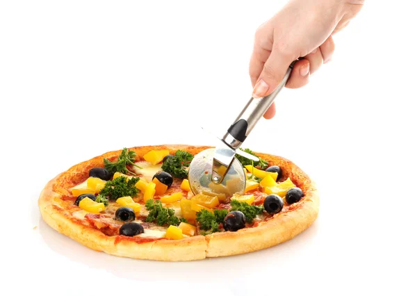 Gustosa pizza con olive isolate su bianco — Foto Stock