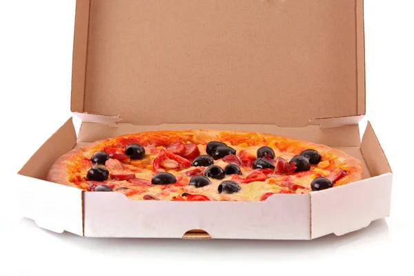 Delivered pizza with olives isolated on white — Stock Photo, Image