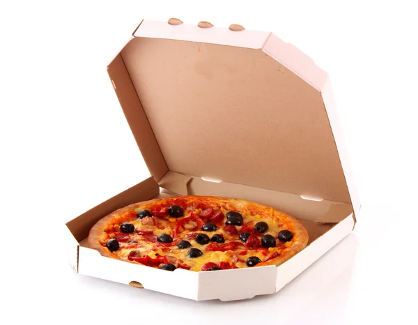 Whole pepperoni with olives pizza in box over white background — Stock Photo, Image