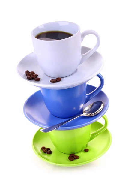 stock image Color cups with coffee, and spoon on white background