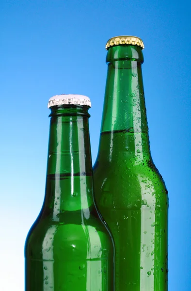 瓶啤酒在蓝色背景 — 图库照片