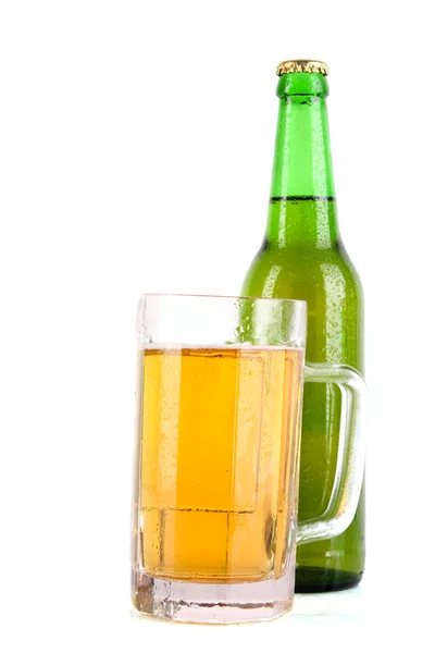 Bottle of beer and cup isolated on white — Stock Photo, Image