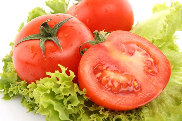 Rotes Tomatengemüse auf grünem Salathintergrund — Stockfoto
