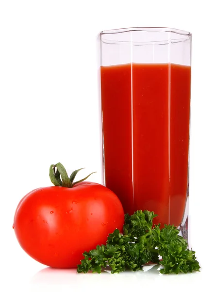 Vaso de jugo de tomate fresco y tomates alrededor del vaso en th —  Fotos de Stock