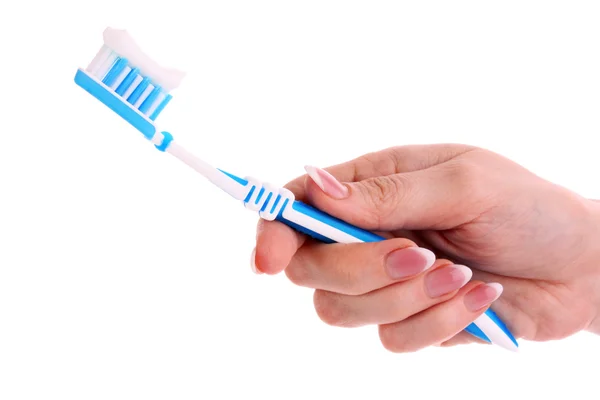 Pasta de dentes na escova azul isolada com fundo branco — Fotografia de Stock