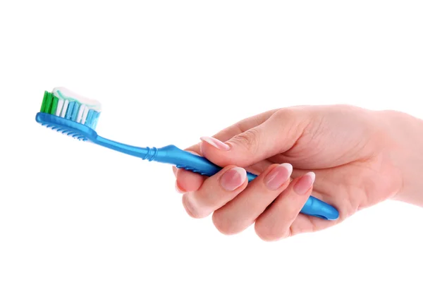Pasty do zębów na niebieski szczotka na białym tle z białym tłem — Zdjęcie stockowe