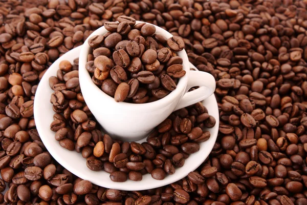 Pequeña taza de café blanco con grano de café sobre fondo de grano — Foto de Stock