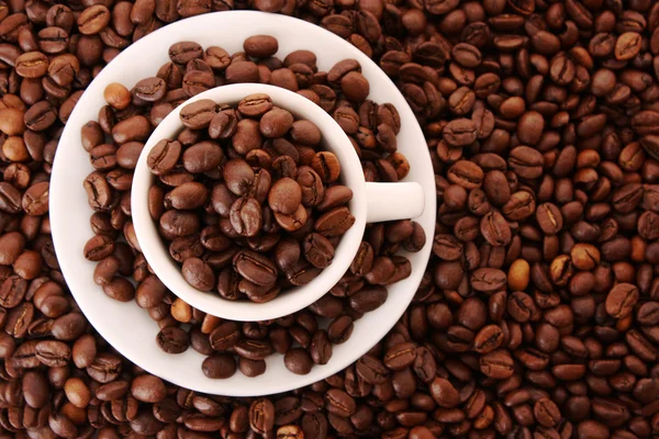 Malý bílý šálek kávy s kávové zrno na zrno pozadí — Stock fotografie