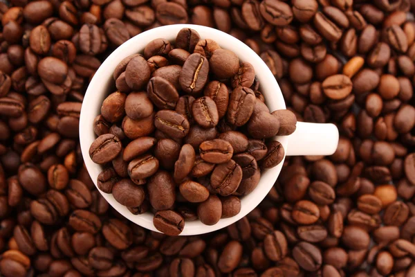 Λευκό φλιτζανάκι του καφέ με κόκκους καφέ σε κόκκους φόντο — Φωτογραφία Αρχείου