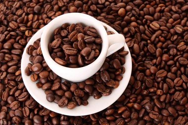 Liten vit kopp kaffe med kaffe korn på spannmål bakgrund — Stockfoto