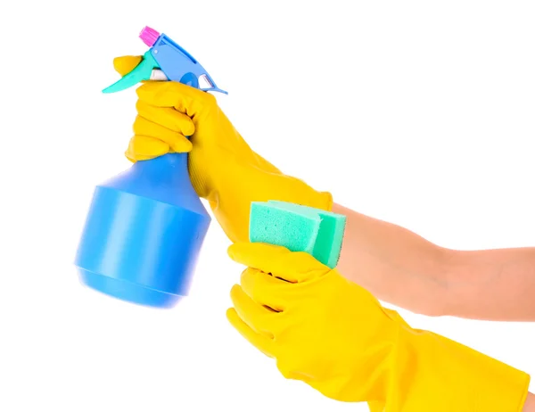 Manos con aerosol y esponja limpiadora sobre fondo blanco — Foto de Stock