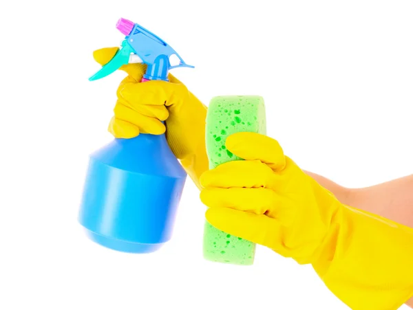 Manos con spray sobre fondo azul — Foto de Stock