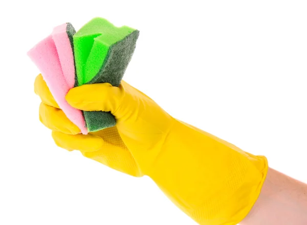 Mão vestindo uma luva de trabalho e segurando grande esponja — Fotografia de Stock