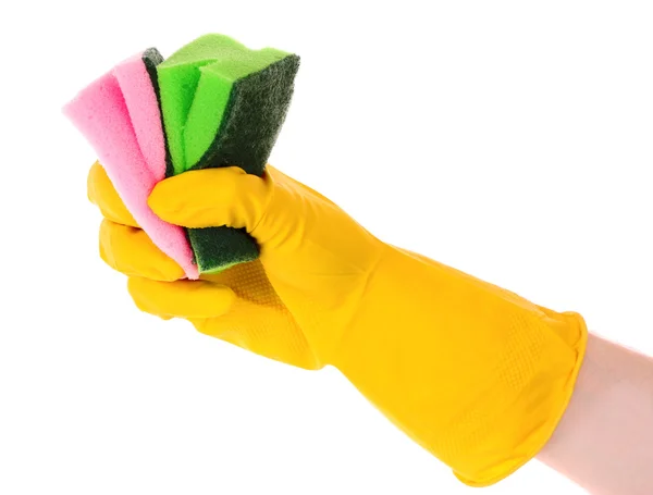 Hand bär en arbetande handske och innehar stor svamp — Stockfoto