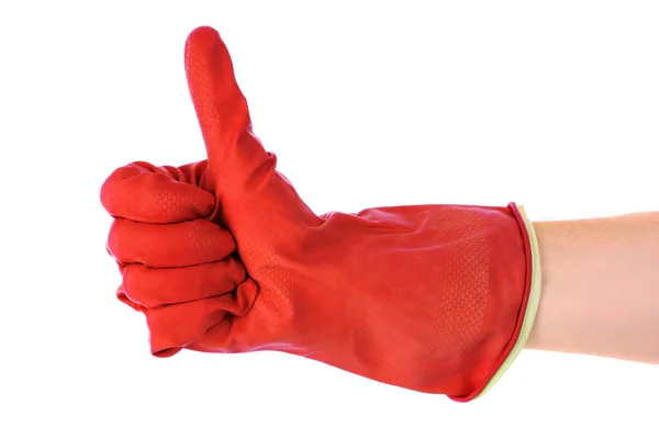 Palec nahoru s červenou rukavici na bílém pozadí — Stock fotografie