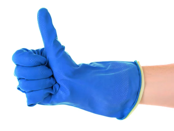 Daumen hoch mit blauem Handschuh auf weißem Grund — Stockfoto