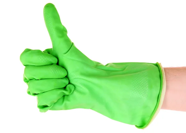 Thumbs up with a green glove on white — Stock Photo, Image